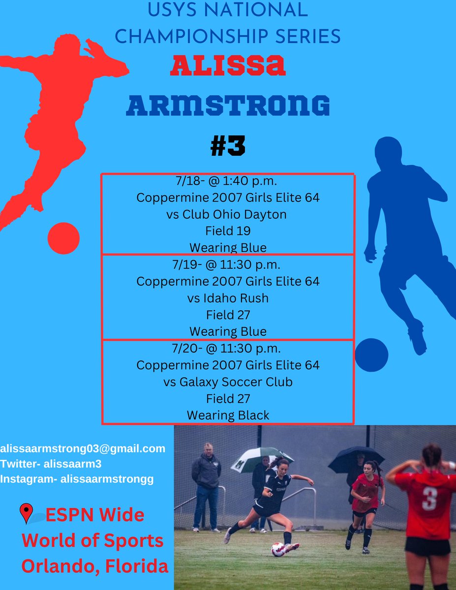 alissaarm3's tweet photo. So excited to compete at Nationals with my team in Orlando, Florida. Come watch us in action! @CanesFutbol @UCF_WSoccer @TampaWSoccer @FIUWSoccer @FAUWSoccer @CofCWSOC @Pitt_WSOC https://t.co/VVfYFwM3DU