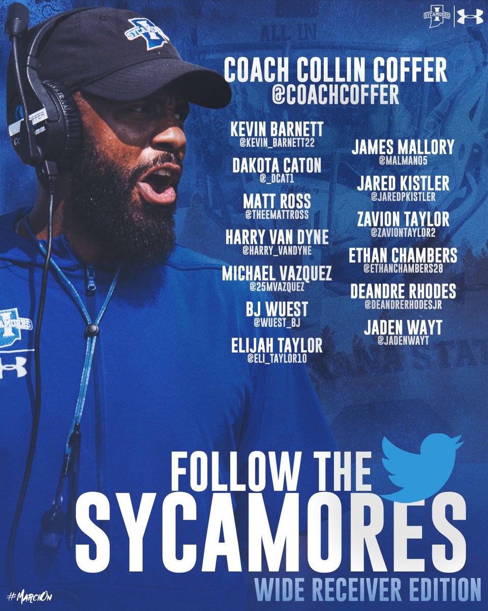 IndStFB's tweet photo. Back on offense this weekend as we continue to get closer to the team report date!

Give the Sycamore wide receivers a follow today and keep up with @COACHCOFFER 

#MarchOnn | #LeaveNoDoubt https://t.co/iSo8UJD6ol