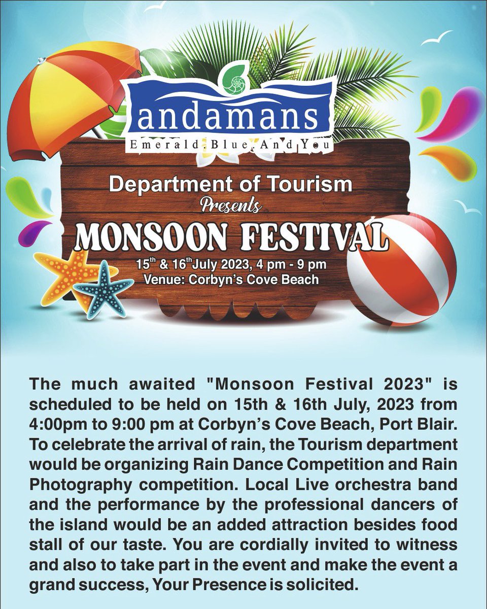 TourismDeptANI's tweet photo. Experience the Enchanting Delights of Rainy Season Magic! Join us as the raindrops dance!! 💃🕺🌧️
#Monsoonfestival #Andamans #RainMagic #ExploreAndamans #Raindance #Rainfest #Tourism https://t.co/mYCUCKVIa2