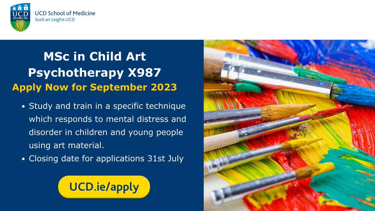 The UCD MSc in Child Art Psychotherapy is accepting applications for the course commencing September 2023. 
To learn more visit:  bit.ly/UCDChildArtPsy…
Closing date for applications 31st July
Apply directly via:  ucd.ie/apply
