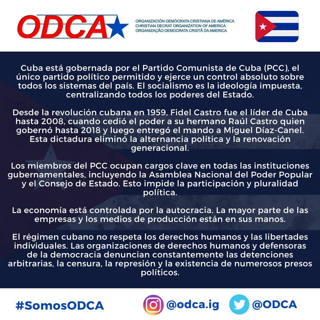 ODCA's tweet photo. En el #MesDeCuba les compartimos información sobre el sistema político dictatorial que ha secuestrado los poderes públicos y las libertades en este hermano país desde 1959 hasta la fecha.
#SomosODCA
#ODCAEnElMundo
#ODCAConCuba https://t.co/l6GHrsfqAO