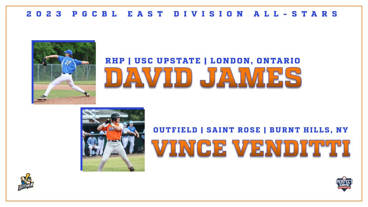 Congratulations to our 2023 @PGCBLBaseball Midseason All-Stars, @VVenditti_ (@SaintRoseBase) and @D_James7 (@UpstateBSB)!! 🔗: dutchmenbaseball.com/news/index.htm…