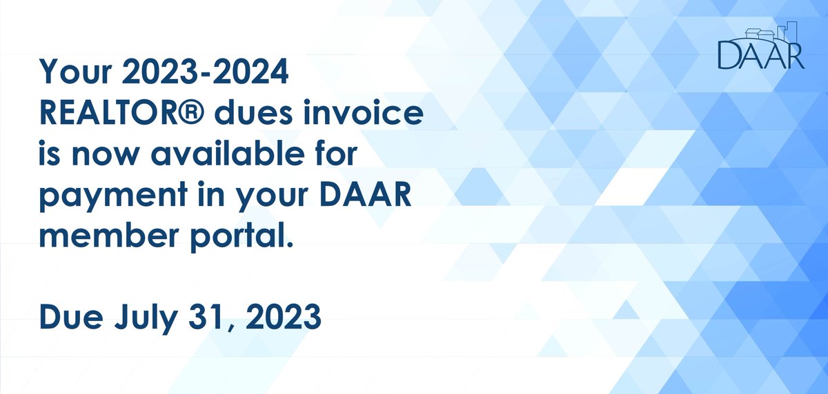 DAAR1962's tweet photo. Don't forget! Your 2023-2024 REALTOR® membership dues must be paid by July 31, 2023, in order to avoid a $50 late fee. This invoice includes your Local, State and National dues.

More Information:  https://t.co/QuKb5fOxEc https://t.co/htJW6RHVeg