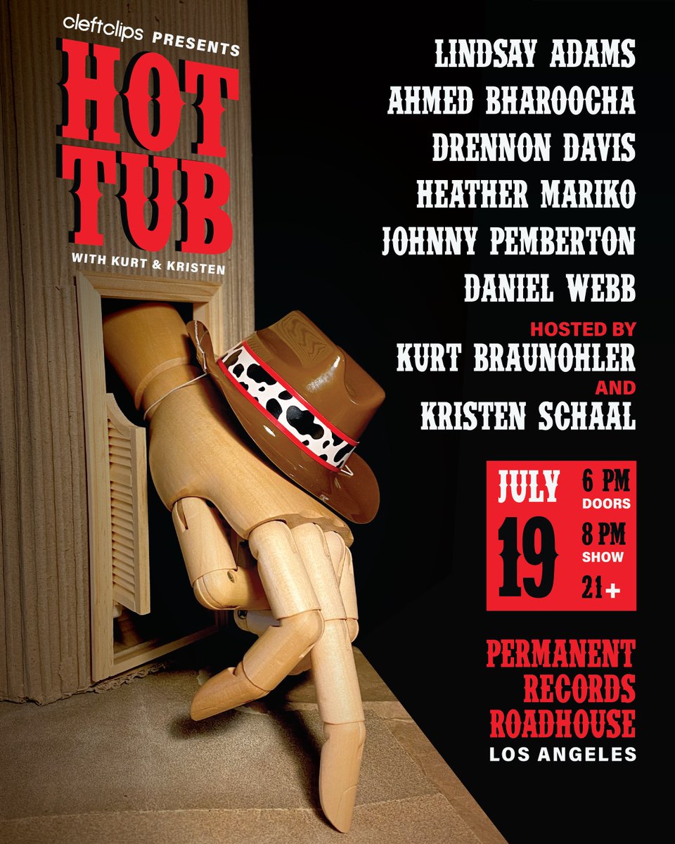 Hot Tub With Kurt & Kristen (@hottub_show) on Twitter photo Another fun one coming your way July 19th at <a href="/Permanent_LA/">Permanent Records LA</a> w/ #LindsayAdams <a href="/AhmedBharoocha/">Ahmed Bharoocha</a> #DrennonDavis <a href="/heather_mariko/">Heather Mariko</a> @johnnypemberton @thedanielwebb
Advance/discount tix: cleftclips.ticketsauce.com/e/hot-tub-with… Limited early bird tix available, too! Another fun one coming your way July 19th at <a href="/Permanent_LA/">Permanent Records LA</a> w/ #LindsayAdams <a href="/AhmedBharoocha/">Ahmed Bharoocha</a> #DrennonDavis <a href="/heather_mariko/">Heather Mariko</a> @johnnypemberton @thedanielwebb
Advance/discount tix: cleftclips.ticketsauce.com/e/hot-tub-with… Limited early bird tix available, too!