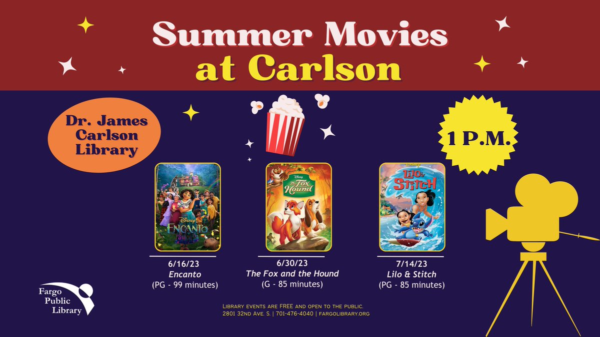 fargolibrary's tweet image. We have another Summer Friday Movie screening TODAY– Friday(7/14) @ 1PM at the Dr. James Carlson
@fargolibrary. The featured movie is ‘Lilo &amp;amp; Stitch’. Free! #FargoPublicLibrary #SummerReadingChallenge