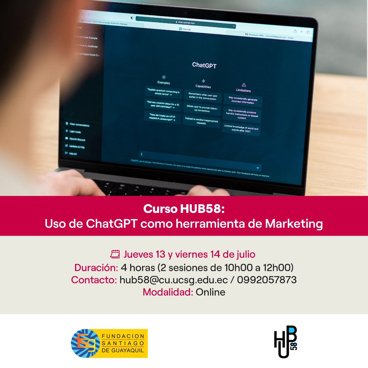 Xavier Miranda @alquimiaec conduce la sesión final del curso: #ChatGPT como herramienta de #marketing .

Funcionamiento de #AI y #ChatGPT - Creación de contenidos - #storytelling creativos.  

@restevesd @ucatolicagye #HUB58 @OpenAI #Guayaquil #Ecuador #InteligenciaArtifical