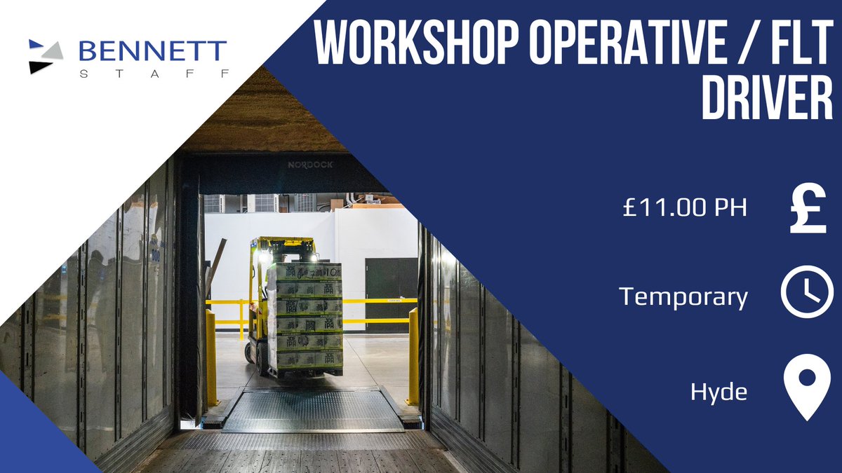 BennettStaff1's tweet image. Looking for a new opportunity as an experienced Workshop Operative/FLT Driver?

Apply now and call Chris or Courtney on 0161 368 5511 or click the link to apply NOW #temporary #jobsnearme #fltdriver 

loom.ly/KLeY73o
#Lookingforwork #Jobseeker #Recruitment #BennettStaff