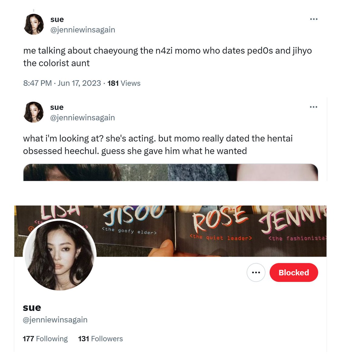 protecttwice_'s tweet photo. 🚨 MASS REPORT 🚨

@/jenniewinsagain
🔗https://t.co/qXEuH8xIkO

Maligns MM, JH, and CY.

📌 Report &amp; block. Don't engage
> Someone else → Harássment→ InsuIting or name-caIling→ Race, gender...→ Add tweets→ Add context→ Submit

Please RT.
#TWICE #ONCEs #ProtectTWICE https://t.co/pf4RoFeQ6O