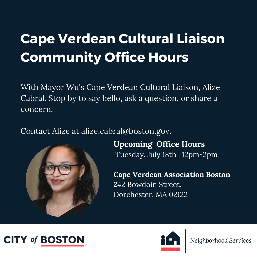 Onscapeverdean's tweet photo. Next Tuesday, it's time for July Office Hours at the Cape Verdean Association of Boston.

Don't hesitate to reach out 📲 👩🏽‍💻 or stop in for a chat. Please also send folks my way for general information 😊 https://t.co/8f3aJi2Bj3