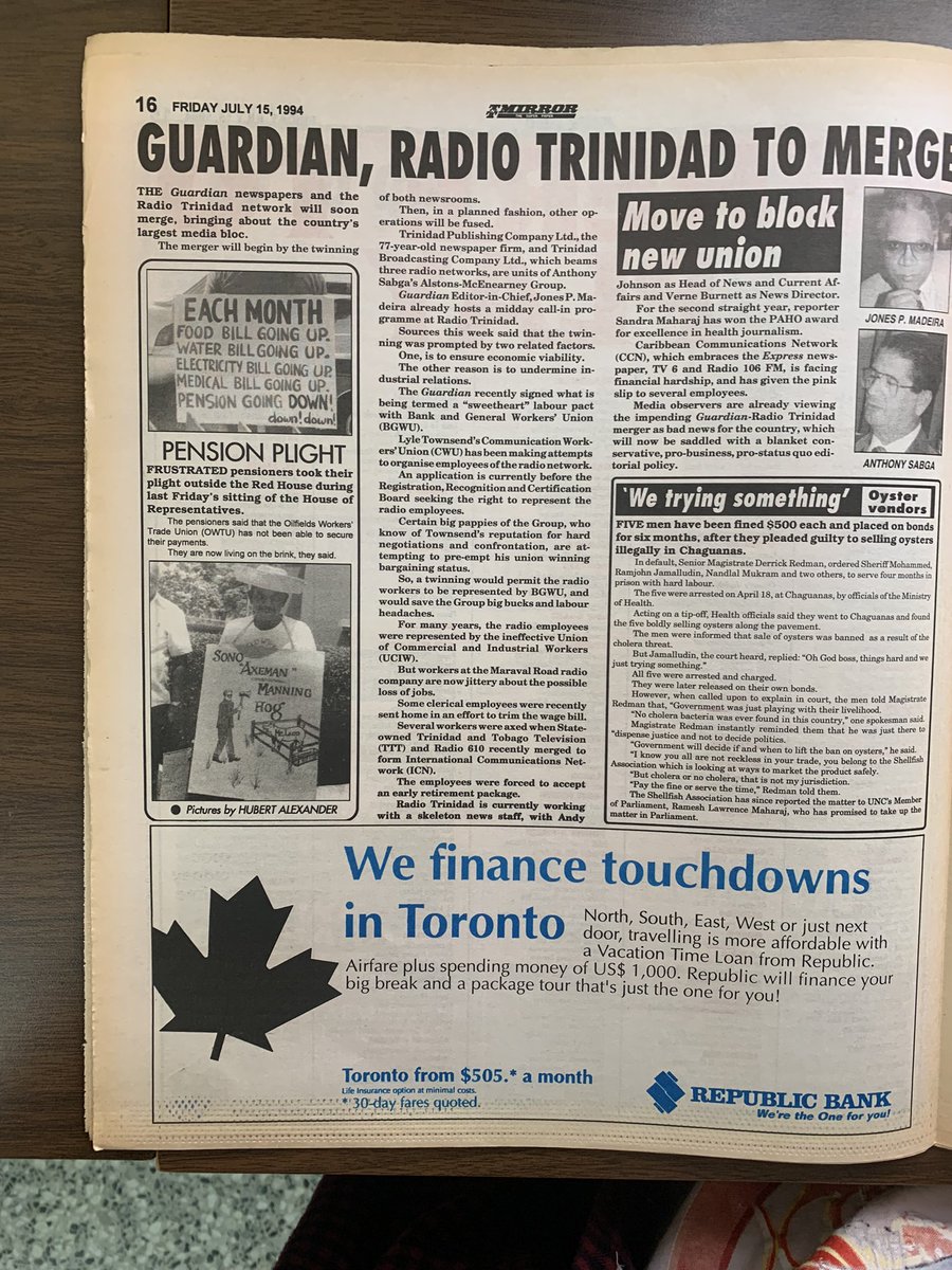 sariyuhh's tweet image. last paragraph: 'Media observers are already viewing the impending Guardian-Radio Trinidad merger as bad news for the country, which will now be saddled with a blanket conservative, pro-business, pro-status quo editorial policy.'

TNT Mirror 15 July 1994