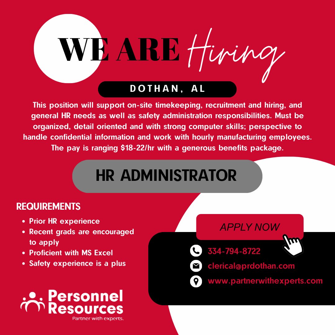 Now hiring a HR Administrator in Dothan, AL! Check the requirements below and apply today at partnerwithexperts.com! #hiring #ApplyNow