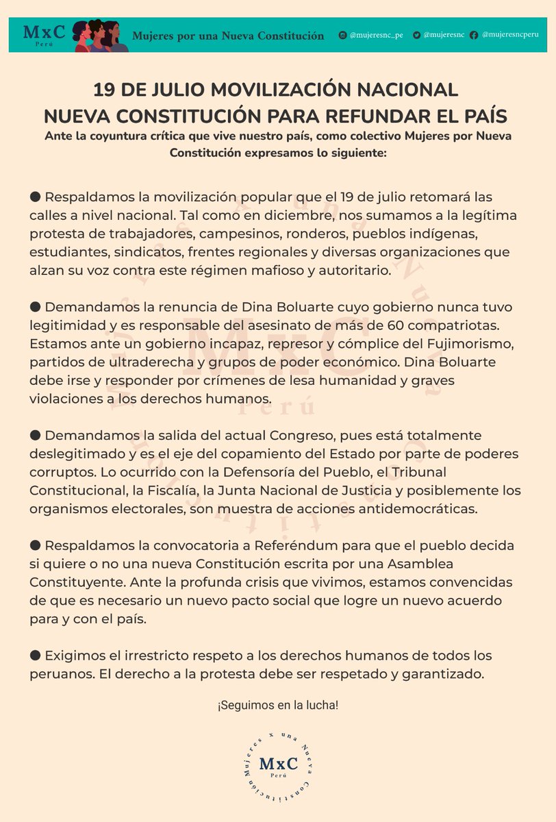mxcperu's tweet photo. 19 DE JULIO MOVILIZACIÓN NACIONAL
NUEVA CONSTITUCIÓN PARA REFUNDAR EL PAÍS 🇵🇪
Como Mujeres por Nueva Constitución respaldamos y nos sumamos la movilización popular que inicia el 19 de julio en todo el país.
Nuestro pronunciamiento aquí 👇 https://t.co/O43BgD56VZ