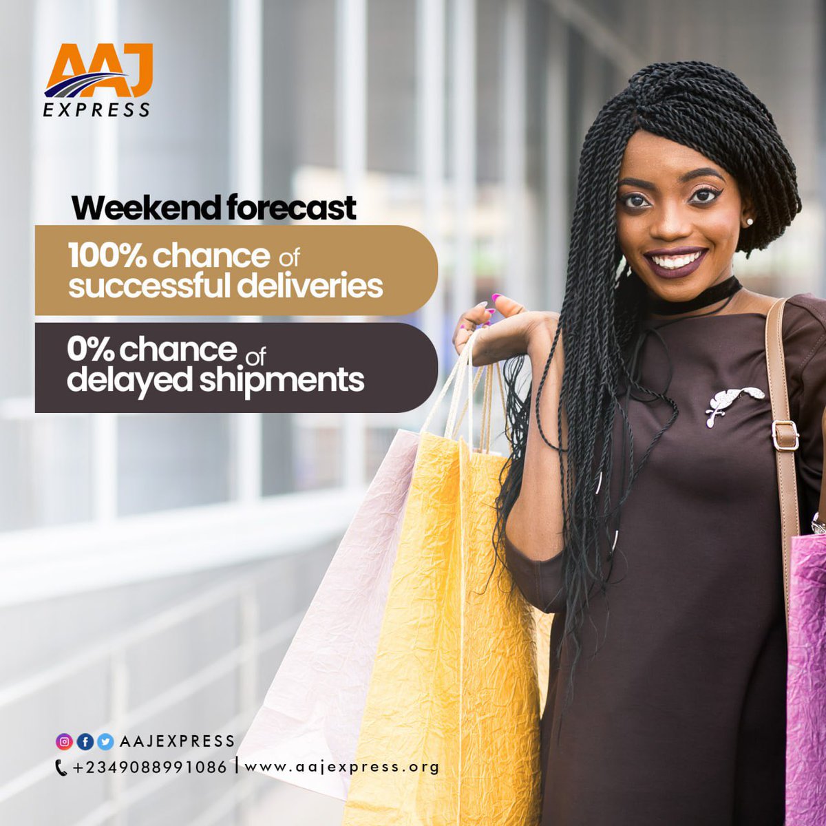 aajexpressng's tweet photo. Keep this in mind as we go into the weekend. We are 100% for you. 

#logistics #logisticscompany #logisticscargo #logisticsserveces #Logisticservice #Logisticsinlagos #logisticsinnigeria #fastdelivery #quickdelivery #deliveryinlagos #courierservice #shipping #shippingandcourier https://t.co/ydOT9tijFs