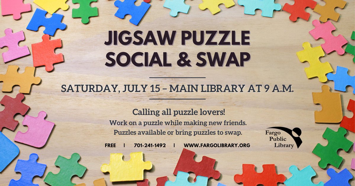 fargolibrary's tweet image. Calling all Puzzle Lovers! Our July Jigsaw Puzzle Social &amp;amp; Swap is tomorrow(7/15) starting at 9AM at the downtown Main @fargolibrary. See you there!
#Puzzles #SummerReadingChallenge #FargoPublicLibrary