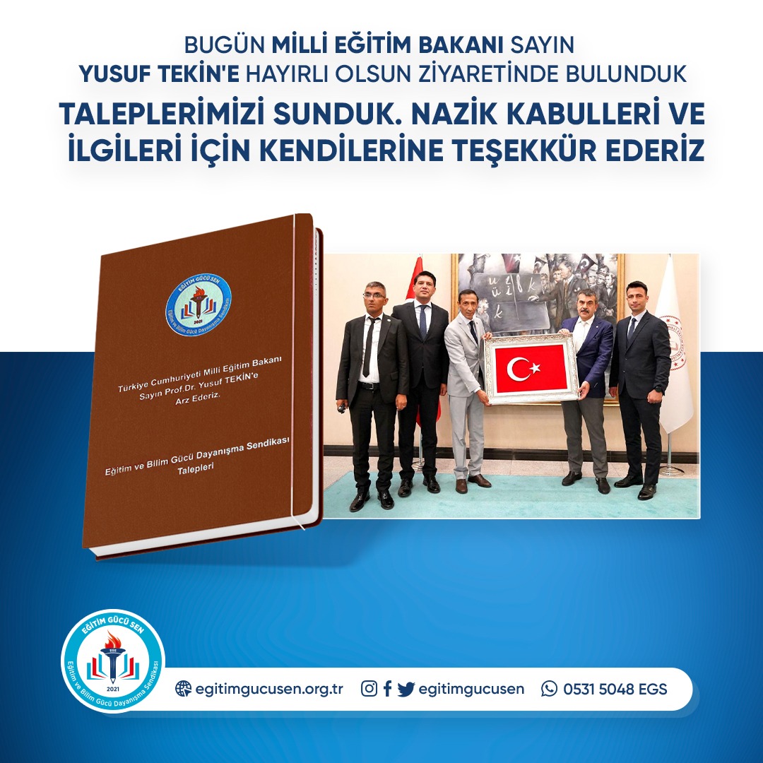 Genel Başkanımız Oğuz ÖZAT,Başkan Yardımcılarımız İsmail AKDAĞ,İbrahim Halil TOPALLAR,Resul PARTİCİ ile Milli Eğitim Bakanı Sayın <a href="/Yusuf__Tekin/">Yusuf Tekin</a> 'e hayırlı olsun ziyaretinde bulundular
 Taleplerimizi sundular.
Nazik kabulleri icin Bakanımıza teşekkür ederiz
egitimgucusen.org.tr/bizden-haberle…