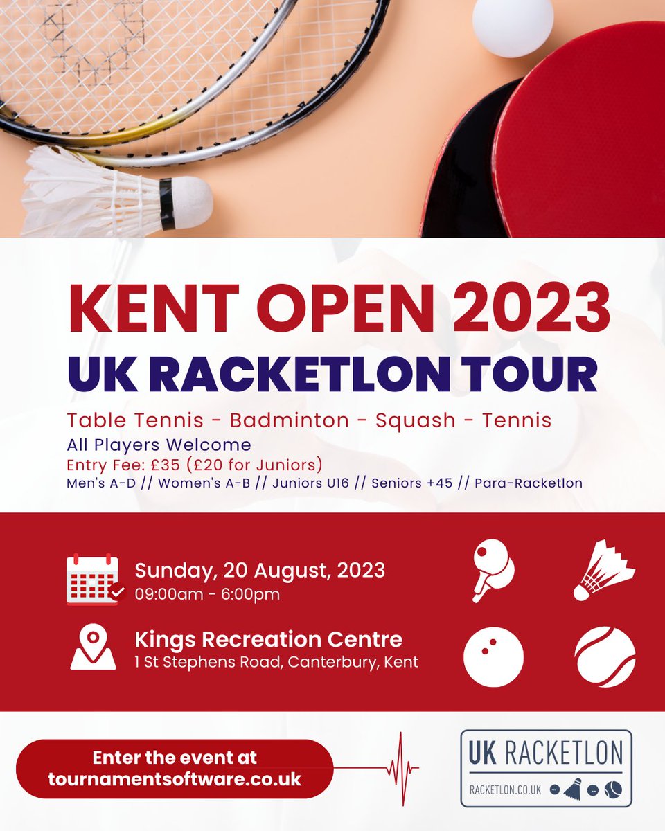 UKracketlon's tweet photo. The UK Racketlon Tour returns to Canterbury for the Kent Open 2023 🏓🏸⚫🎾

Enter the tournament below 👇
https://t.co/UzAdX7arCF https://t.co/raGwmZpo5V