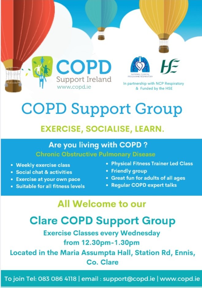 Have you considered joining our Clare COPD Support Group? @CommHealthMW @MidWest_HW @ruth_reidy @NCPRespiratory1 @CarersIreland @AgeFriendlyIrl @Anail_Ireland @PracticeNurses @ICGPnews @HealthyIreland @HsehealthW @HSELive @ClareChampion @ClareEcho @ClareFM