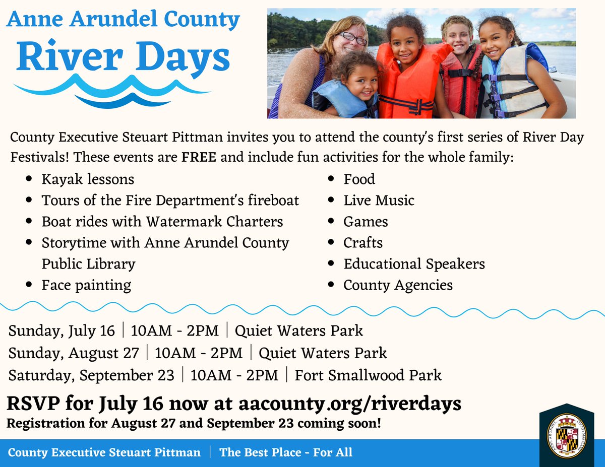 AACoExec's tweet photo. Soon after I came into office I came up with the idea of River Days - an opportunity for residents from all across #AnneArundel County to get out on the water, celebrate our local rivers, and learn about how to protect them. https://t.co/Y1dR0XHK3M