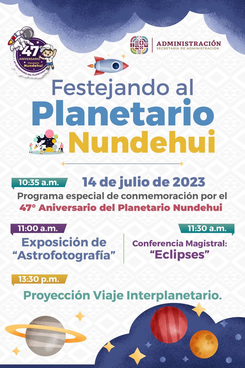 Admon_GobOax's tweet photo. 🚀 ¡El momento de despegar llegó, ven hoy a festejar el #47aniversario del Planetario Nundehui! 🥳

La @Admon_GobOax que dirige @Nino_Morales1, te invita a ser partícipe del programa especial que tiene preparado para ti. 

🕛 10:35 a.m. |📍Av. Nicolás Copérnico, Cerro del Fortín. https://t.co/qIos9re1IS