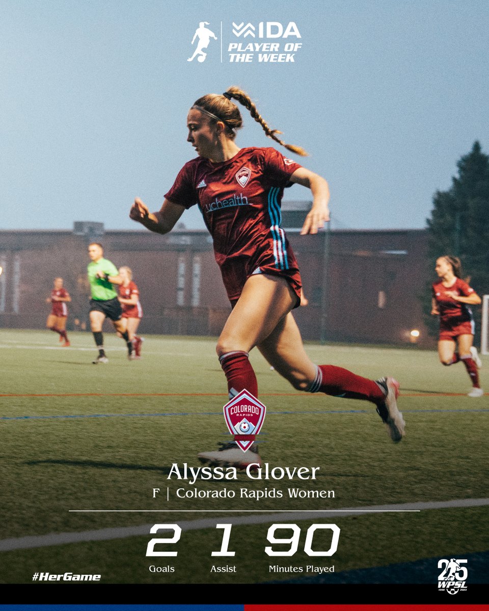 WPSL's tweet photo. Leading the @CoRapidsWomen to its third Conference Title in 3️⃣ seasons, Alyssa Glover ( @wyosoccer ) is our 𝙉𝙖𝙩𝙞𝙤𝙣𝙖𝙡 𝙋𝙡𝙖𝙮𝙚𝙧 𝙊𝙛 𝙏𝙝𝙚 𝙒𝙚𝙚𝙠 after netting ✌️ goals plus an assist in 5-1 win to repeat as Mountain Conference Champions‼️

Presented by @idasportsco https://t.co/WqjRvTXIjE