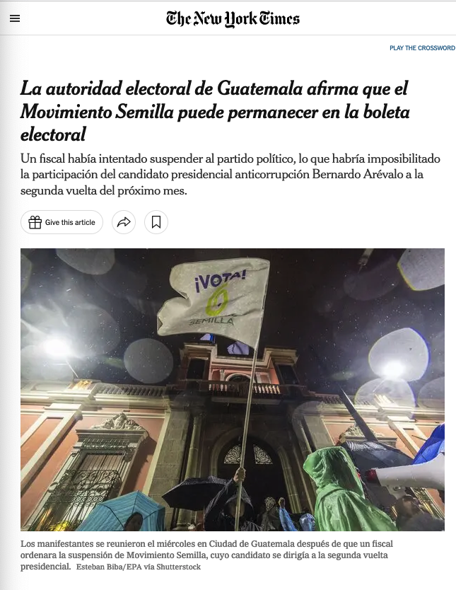 🗞La actualización en <a href="/nytimes/">The New York Times</a> sobre lo que pasó para que <a href="/msemillagt/">Movimiento Semilla 🌱 🇬🇹</a> permanezca en la boleta de la segunda vuelta de las #EleccionesGT2023. Con <a href="/emiliano_mega/">Emiliano Mega</a>.

nytimes.com/es/2023/07/13/…