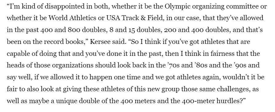 Bobby Kersee said he's disappointed that Worlds schedule is not conducive to the 800/1500 double for Athing Mu.
The 800 is on day 1, 2, and 4. The 1500 is on day 5, 7, and 9. There is no day 10. Not sure how it could be more conducive aside from adding an extra day to the meet. https://t.co/Tx67mgLw1D https://t.co/BwbJoxJs8H