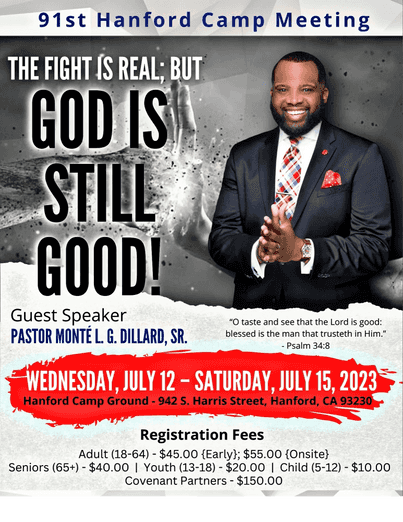 PastorJimLyon's tweet photo. ChoG Interstate Association brings congregations together each summer at Hanford CA for its annual convention ... this year, this week, with THE Monte Dillard (ChoG First Evanston IL pastor). All are welcome! Pray for the 91st Hanford Campmeeting. #GodIsStillGood https://t.co/FZU3w1C7i2