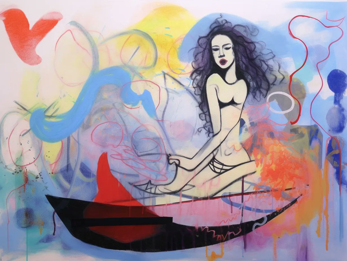 #aiart series using a prompt derived from an AI description of one of my very old drawings, circa 1995: buff.ly/3JVnJyl. I'm surprised by some of the artist influences that emerged - Dali and Miro - they weren't referenced in the prompts, and neither was surrealism.