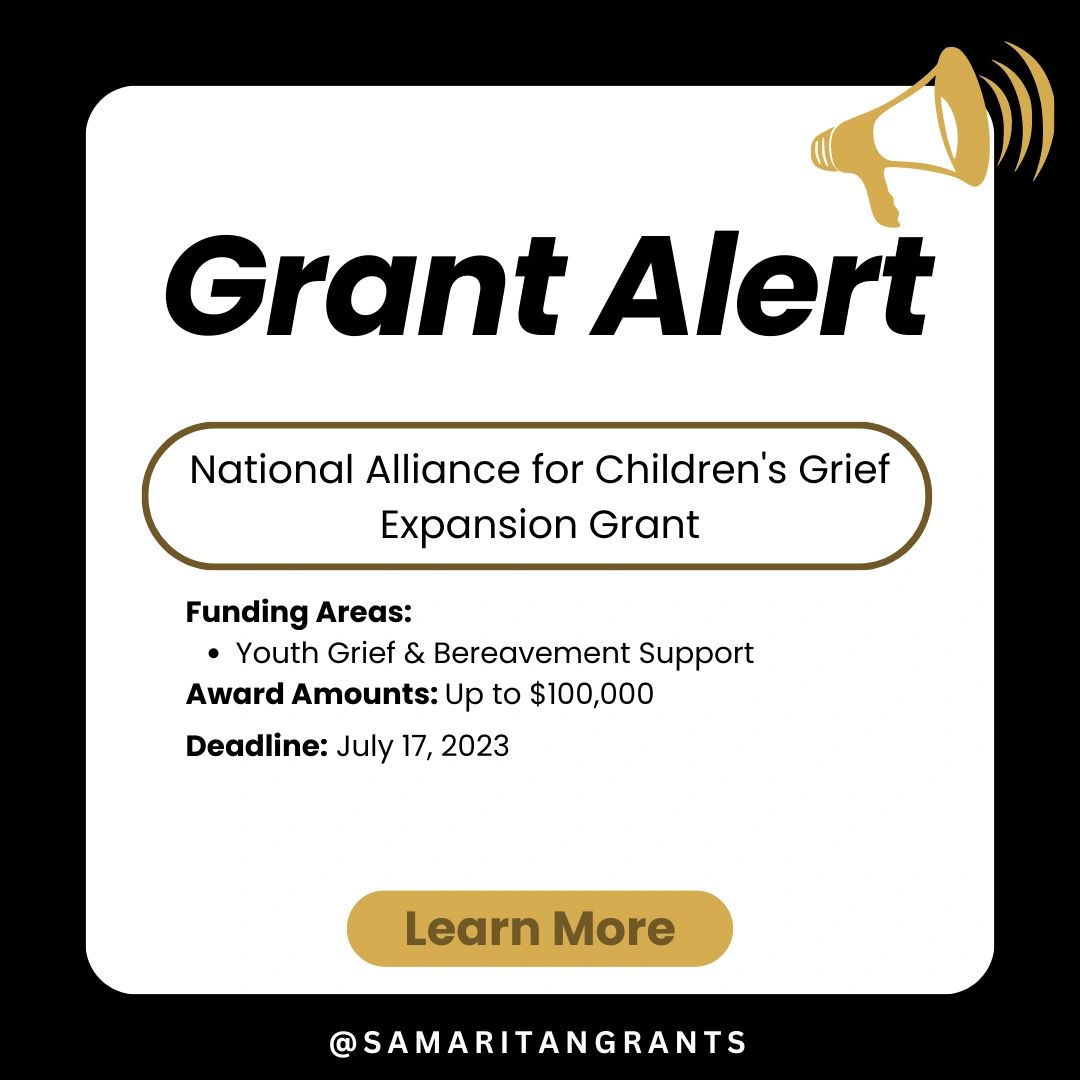 Happy #FunderFriday! Check out this grant opportunity with the National Alliance for Children's Grief for nonprofit organizations working in the mental health space. If you're providing grieving services to youth, you may qualify for this opportunity.  

samaritangrants.com/funding-resour…