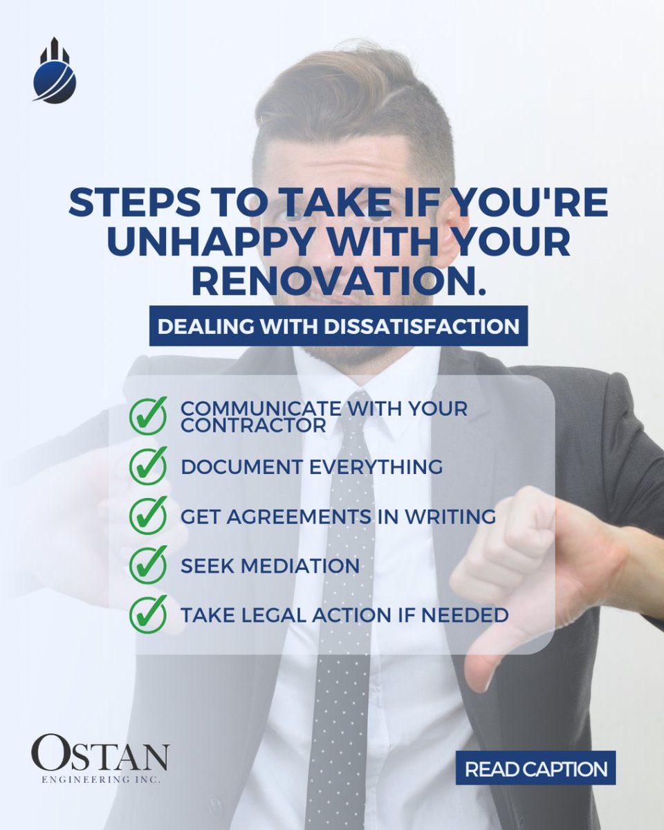 IncOstan's tweet image. If you&apos;re facing dissatisfaction after a home renovation, these essential tips will guide you in resolving the issue. Empower yourself to address your concerns and achieve the desired results.
#OstanEngineering #HomeRenovation #ContractorIssues #DisputeResolution
