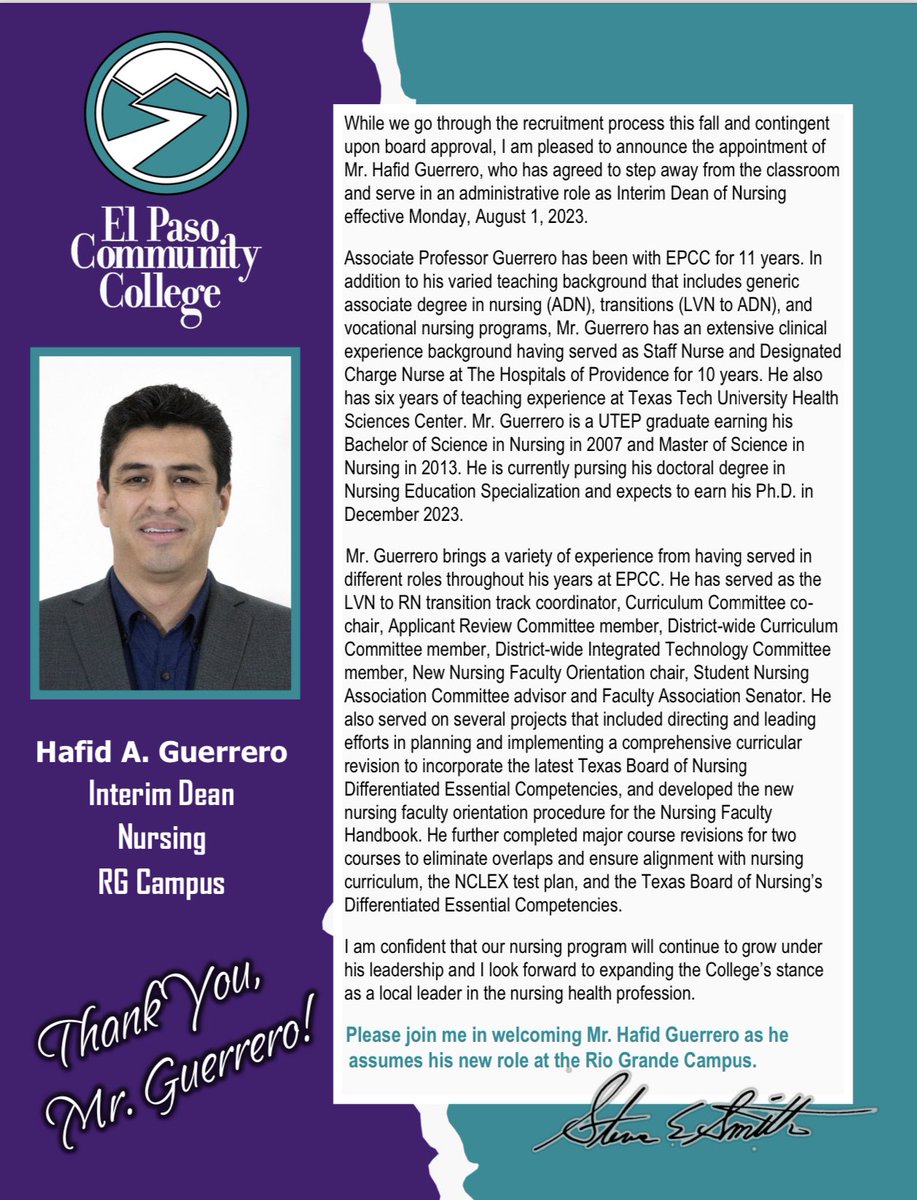 Please join me in welcoming Mr. Hafid Guerrero as Interim Dean of Nursing at the Rio Grande Campus of El Paso Community College. 👏🏻👏🏻

#elpasocommunitycollege #interimdean #riograndecampus #nursing