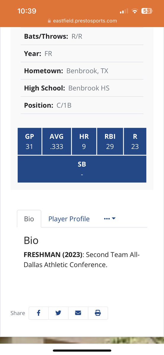 paytonpoole21's tweet photo. redshirt sophomore.  C/1B 6’0 190 
.333 avg 
.429 obp 
.738 slg 
returning to @EastfieldBSB as of now. Will be Looking for a 4 year. https://t.co/adYb5zCbiS