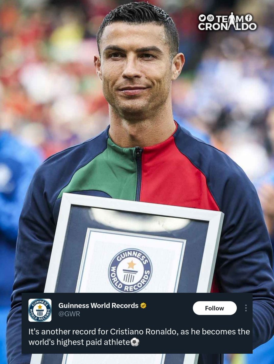 e7ernamente's tweet photo. Cristiano Ronaldo ha sido galardonado con el título Guinness World Records por las ganancias anuales más altas para un deportista en 2023. 🐐👏 https://t.co/huDLUgeBaE
