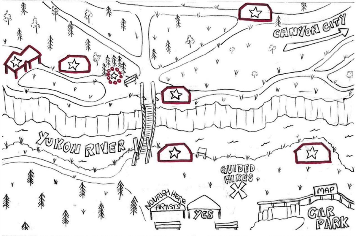 🎨TODAY + TOMORROW in Kwanlin/Miles Canyon! 
Locally foraged bites, performance art, dreamcatcher making, brooch making, storytelling/music making with elder Phil Gatensby, leave-no-trace collaborative art, textile mending, traditional beading, and more! 🦌mailchi.mp/yukoncon.../cr…