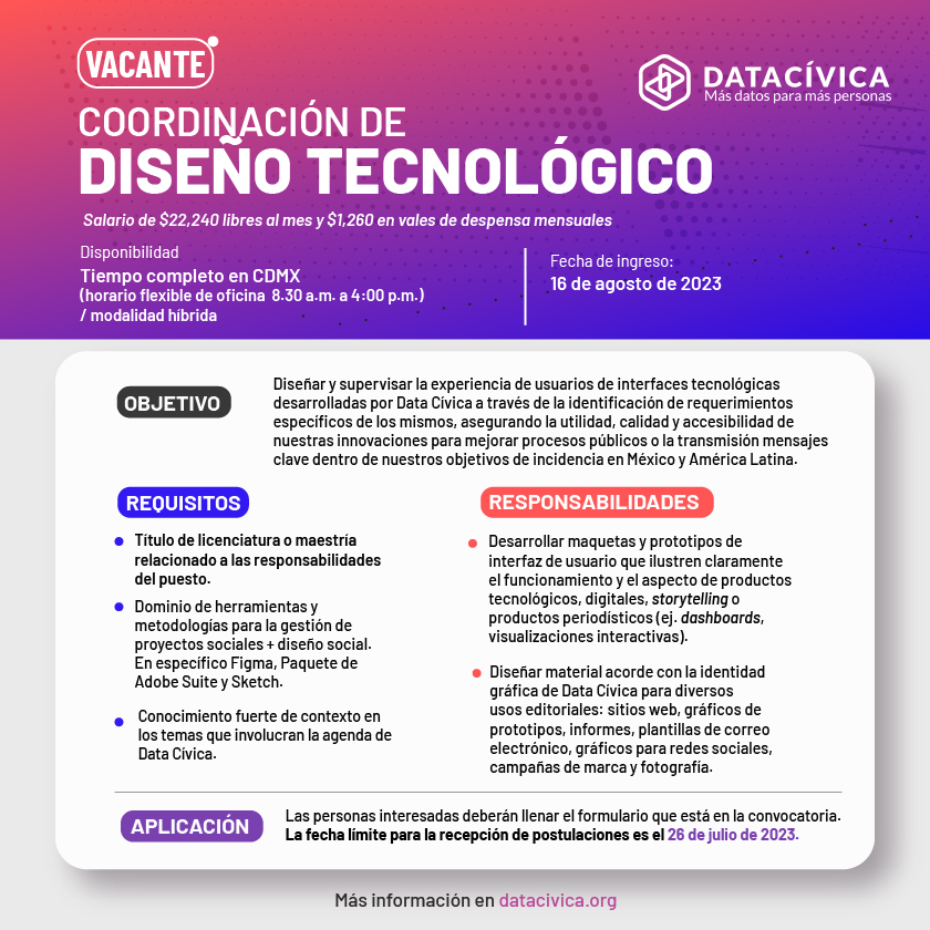 datacivica's tweet photo. ✨ #VACANTE ¡Súmate al equipo de Data Cívica! 

Estamos buscando a la próxima persona para coordinar y fortalecer nuestra área de #diseño tecnológico. 

Conoce los requisitos 👉 https://t.co/jnRv8x5Ngf 
Aplica aquí 👉  https://t.co/nRqiWBQ21V 

📅 Fecha límite 26 de julio. https://t.co/uC3Pq7iF3C