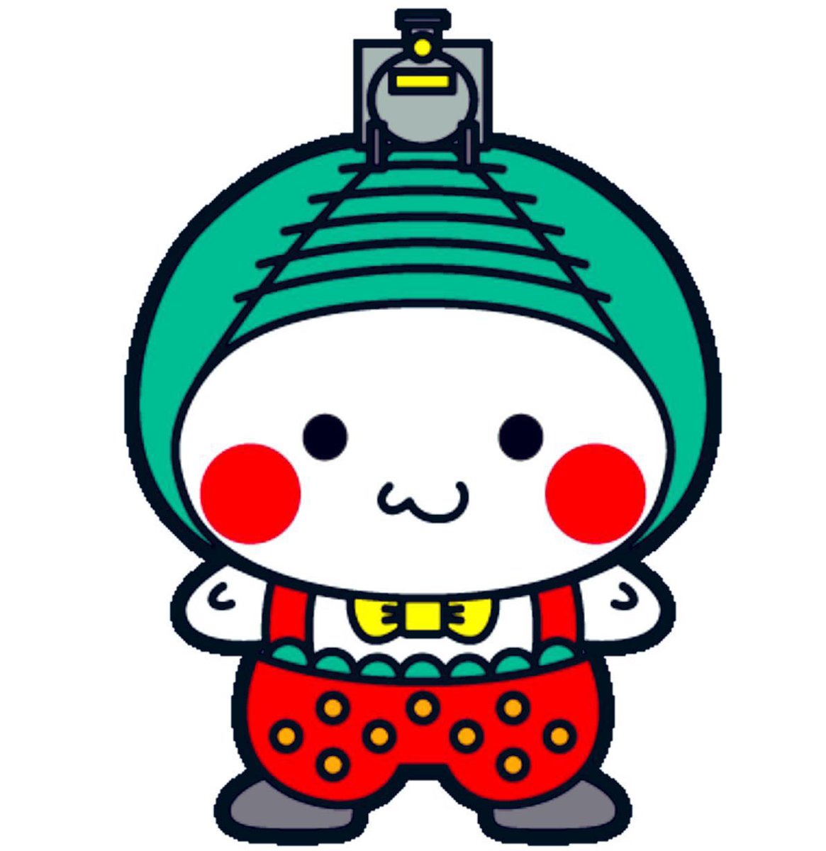 mondomascots's tweet photo. Mokapyon (the mascot of Moka City, Japan) wears strawberry pants and has an approaching train on his head. https://t.co/MAmmZstgpo