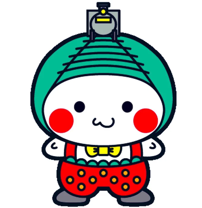 Mokapyon (the mascot of Moka City, Japan) wears strawberry pants and has an approaching train on his head.