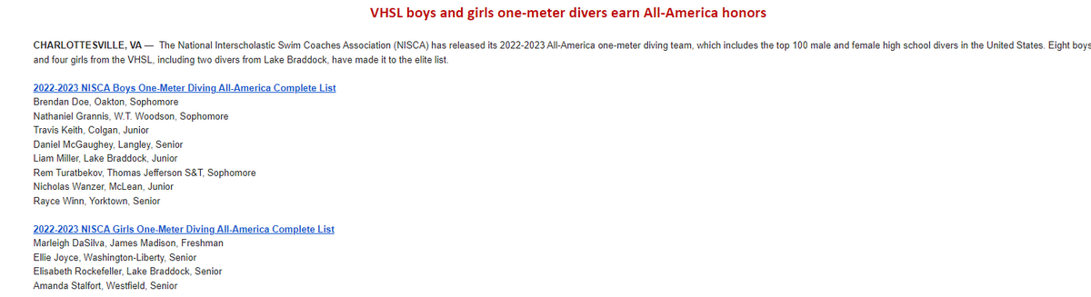 VHSL_'s tweet photo. VHSL boys and girls one-meter divers earn All-America honors https://t.co/UWGXrFQ21A