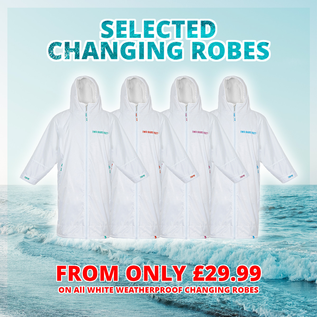 SALE NOW ON | Keep rain and wind-chill at bay in style with a White Weatherproof Changing Robe 🌊 mailchi.mp/twobarefeet/sa…