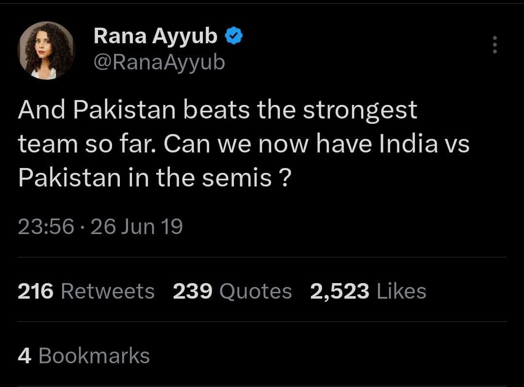 erbmjha's tweet photo. Countless tweets on Morocco's victory, but 0 tweets on Chandrayan 3. 
Not even pretending to be Indian now. 

For the likes of @RanaAyyub, it’s Religion over Nation on any given day. https://t.co/Gm6FyPMtx2