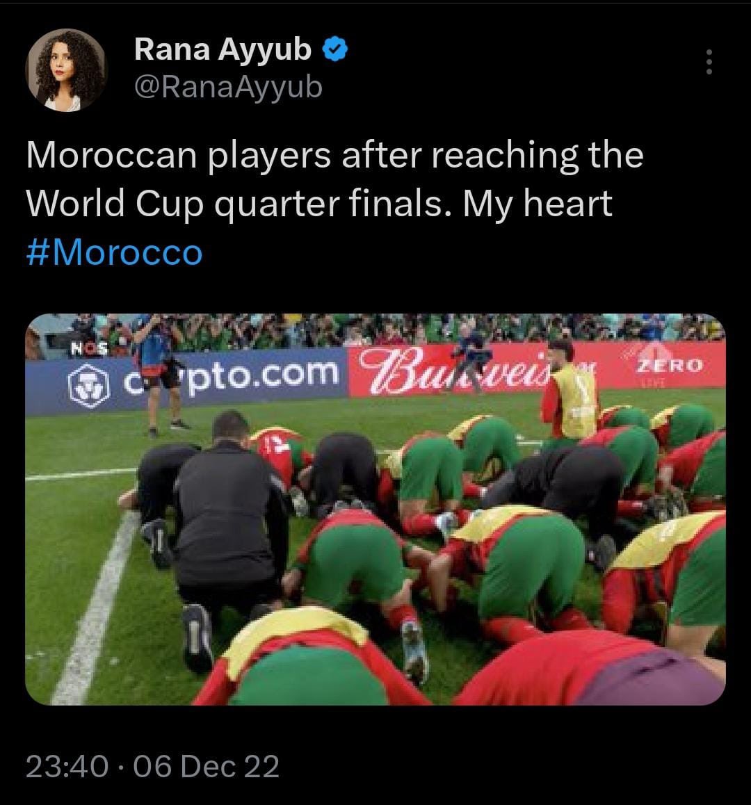 erbmjha's tweet photo. Countless tweets on Morocco's victory, but 0 tweets on Chandrayan 3. 
Not even pretending to be Indian now. 

For the likes of @RanaAyyub, it’s Religion over Nation on any given day. https://t.co/Gm6FyPMtx2