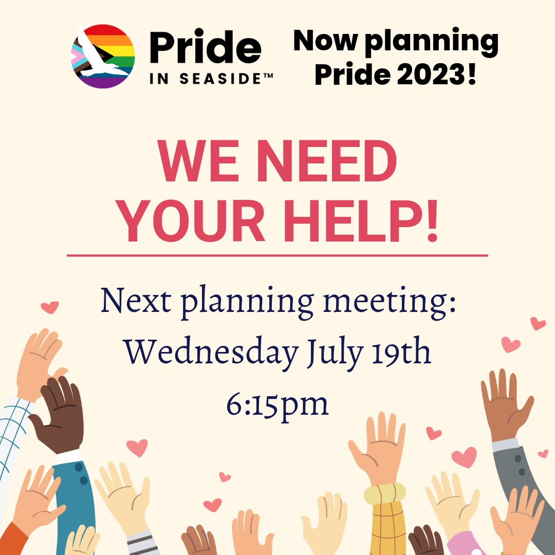 prideinseaside's tweet photo. Seaside's 2nd Pride is coming, September 9th &amp; 10th! Help us plan and make it happen! Our next meeting is this Wednesday evening July 19th in Seaside! Message us or reach out to a board member for the address!
#prideallyear #PrideInSeaside #pride #lgbtq2sia #nonprofit #volunteer https://t.co/yaImgLUkFd