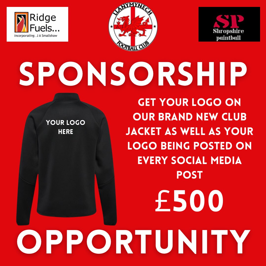 LlanymynechFC's tweet photo. Llanymynech FC are on the look for new sponsors, For £500 you can sponsor our brand new club jacket. This package will include your brand/logo on the back of the jacket as well as your brand/logo being posted of every single instagram post! Please message us for more info! https://t.co/r9BMVtO2zV