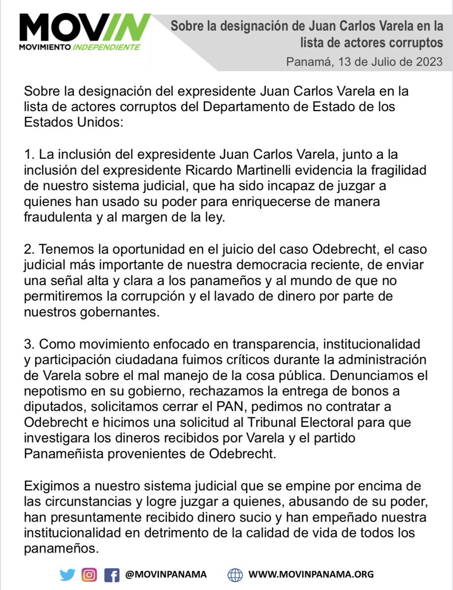 movinpanama's tweet image. Designación de Juan Carlos Varela a la lista de actores corruptos.
Exigimos a nuestro sistema judicial que se empine por encima de las circunstancias y logre juzgar a quienes, abusando de su poder, han presuntamente recibido dinero sucio y han empeñado nuestra institucionalidad