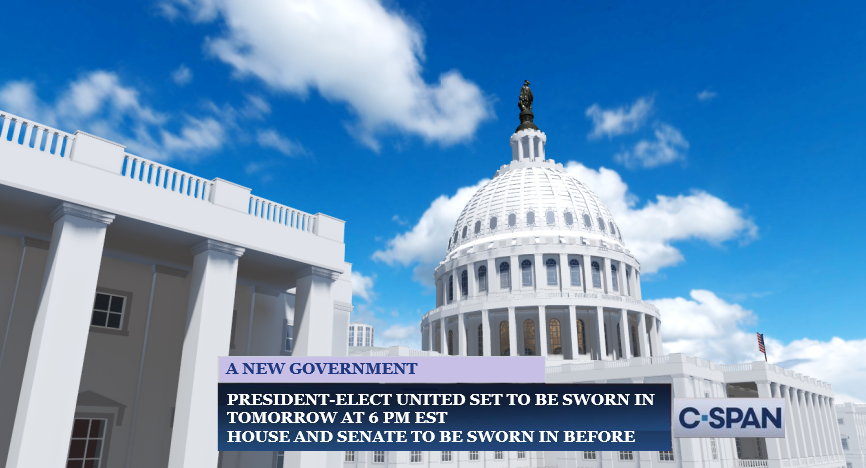 cspan_rp's tweet photo. BREAKING NEWS: President-Elect Unitedjkl's Inauguration Ceremony is set for tomorrow at 6 PM EST.

The new House of Representatives will be sworn in today at 5:45 PM EST.  

The new Senate will be sworn in at 5:30 PM EST tomorrow. https://t.co/emCCwkNnuf
