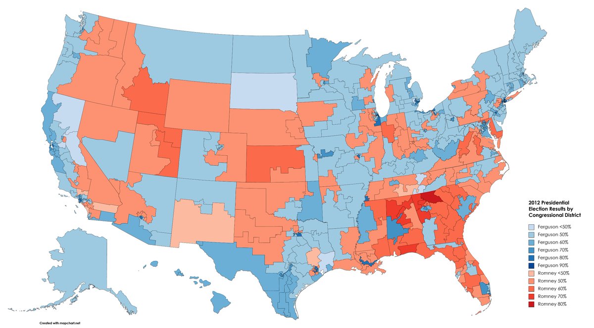 calthrina950's tweet photo. As I promised, here is a new map for the #FergusonScenario: the map of the 2012 presidential election results by congressional district. https://t.co/9Q7kQa0DGv