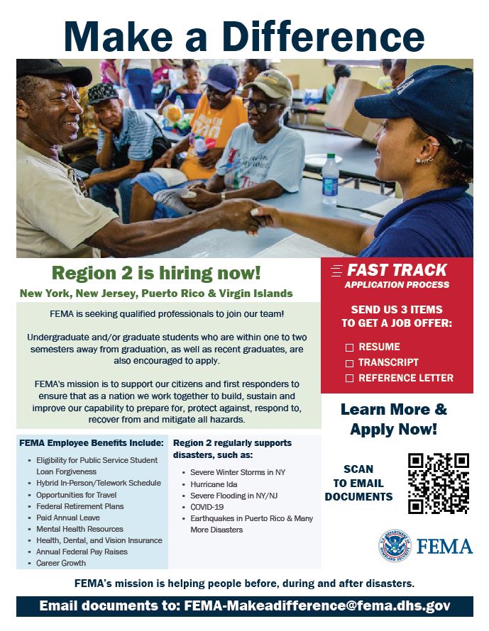 Looking for a Job. Connect with FEMA Region 2; Email: FEMA-Makeadifference@fema.dhs.gov @NJStateDept @SecretaryWay @GovMurphy @NJLaborDept @NJArtsCouncil @femaregion2 #HIRINGNOW #jobseekers