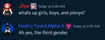 hoshihoku69's tweet photo. Good morning Twitter. For today's #TraumaWithHoshi features the lovely @JihyeandKorea and her very accurate statement.  I will not be taking any other answers. #vtubers #discordscreenshots https://t.co/yxlHgksBzd
