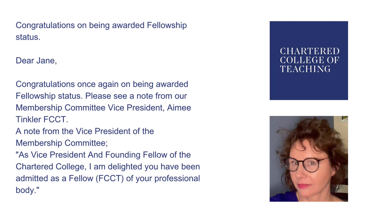 Chartered coll of teaching , image of woman, lots of text of congratulations to FCCT 