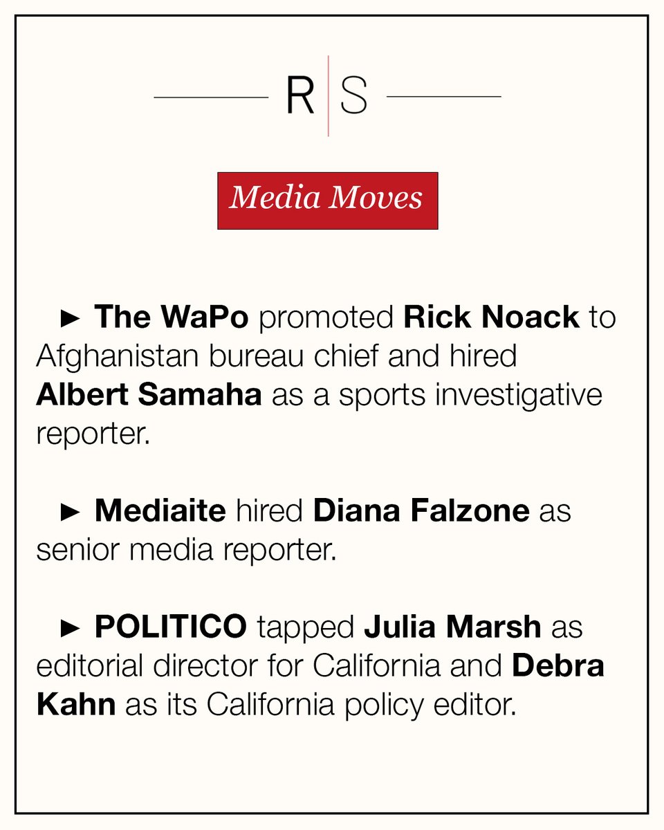 Reliable Sources (@reliablesources) on Twitter photo Today's Media Moves with Reliable: <a href="/rick_n/">Rick Noack</a> and <a href="/AlbertSamaha/">Albert Samaha</a> at the <a href="/washingtonpost/">The Washington Post</a>, <a href="/dianafalzone/">dianafalzone</a> at @mediaite, and <a href="/juliakmarsh/">Julia Marsh</a> and <a href="/debra_kahn/">Debra Kahn</a> at @POLITICO. Today's Media Moves with Reliable: <a href="/rick_n/">Rick Noack</a> and <a href="/AlbertSamaha/">Albert Samaha</a> at the <a href="/washingtonpost/">The Washington Post</a>, <a href="/dianafalzone/">dianafalzone</a> at @mediaite, and <a href="/juliakmarsh/">Julia Marsh</a> and <a href="/debra_kahn/">Debra Kahn</a> at @POLITICO.
